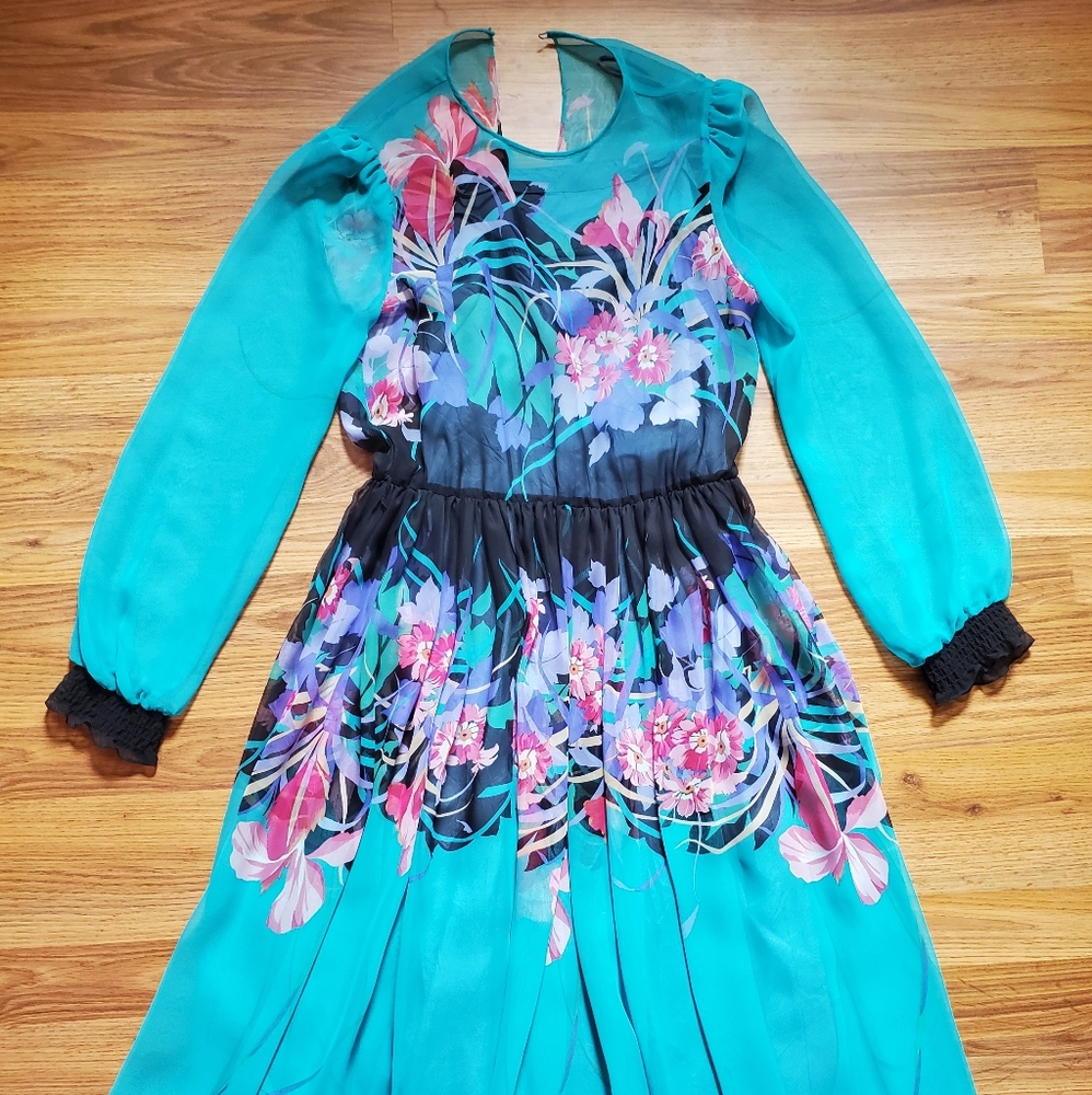 Vintage Teal Floral Longsleeve Maxi Dress - Picture 2 of 6